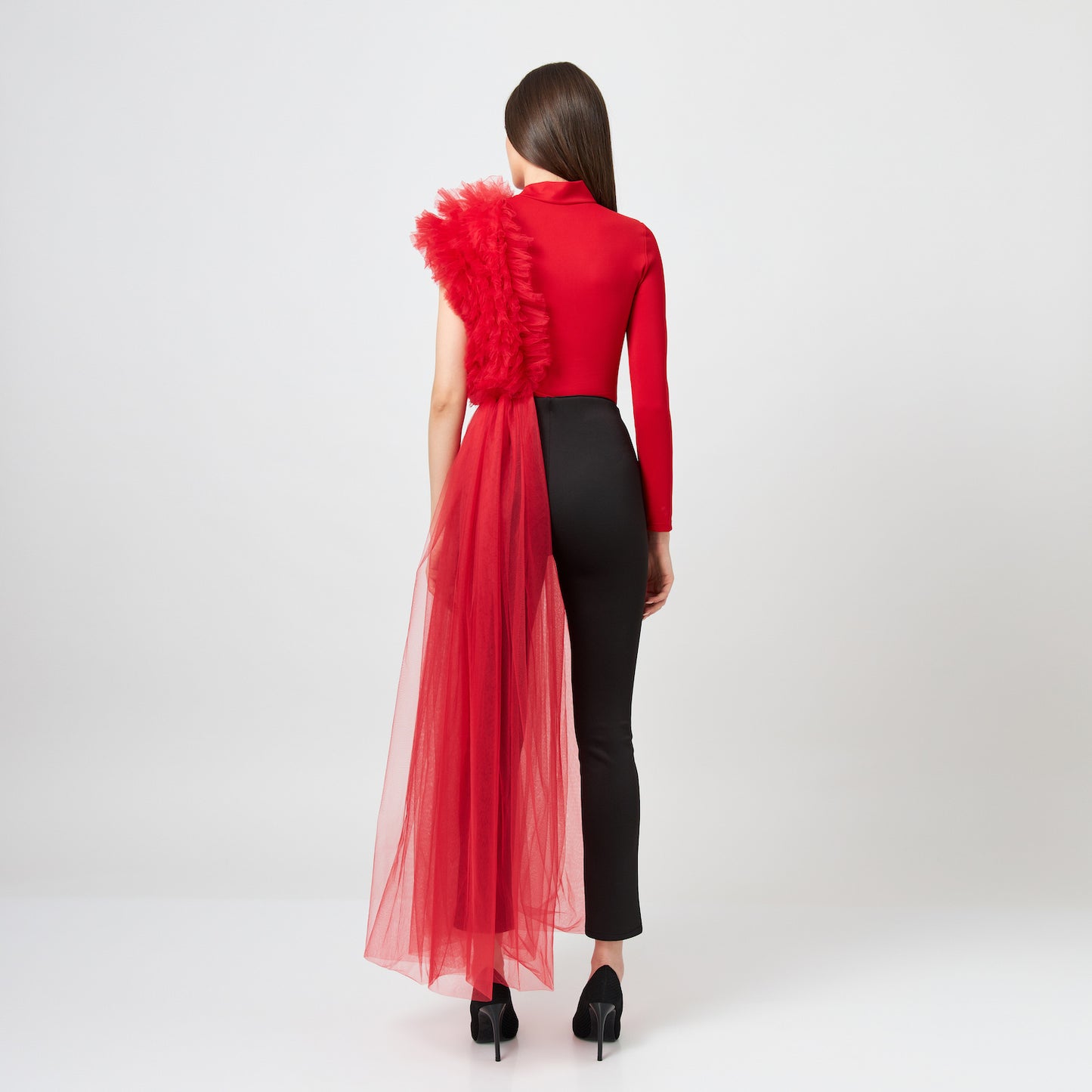 Body Rosu Asimetric Cu Detalii Din Tulle