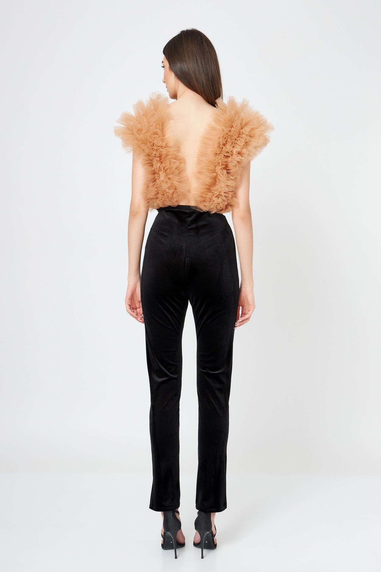 Body Beige Cu Volane Din Tulle Stratificat