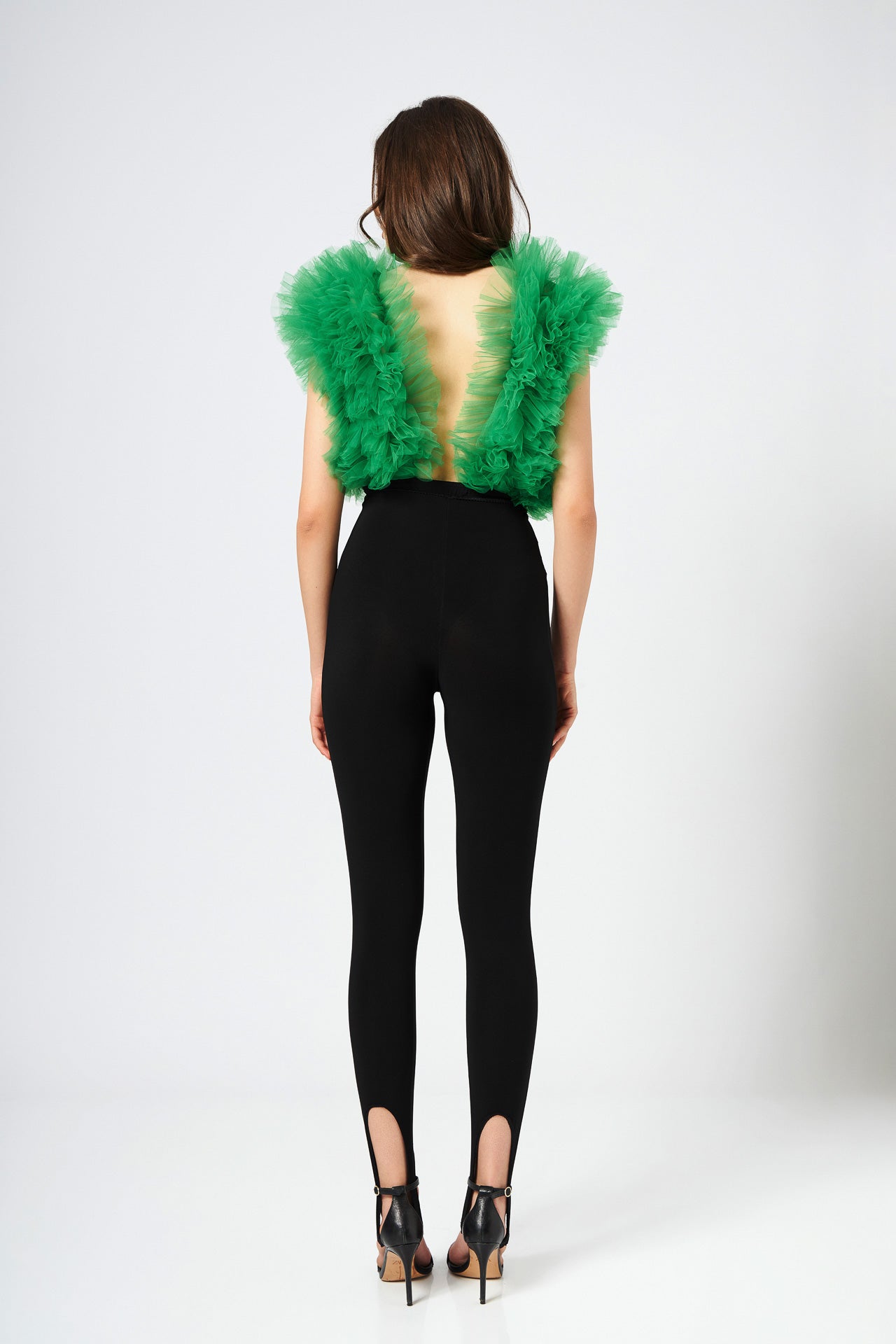 Body Verde Cu Volane Din Tulle Stratificat