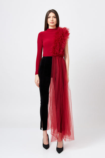Body Burgundy Asimetric Cu Detalii Din Tulle
