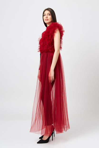 Body Burgundy Asimetric Cu Detalii Din Tulle