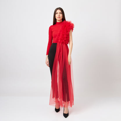 Body Rosu Asimetric Cu Detalii Din Tulle