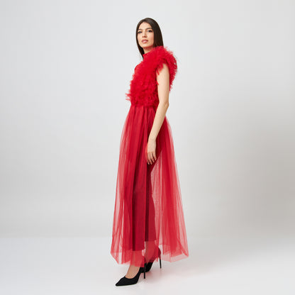 Body Rosu Asimetric Cu Detalii Din Tulle