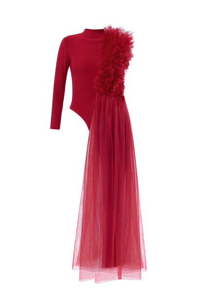 Body Burgundy Asimetric Cu Detalii Din Tulle