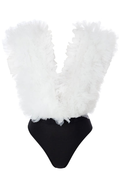 Body Alb Cu Volane Din Tulle Stratificat