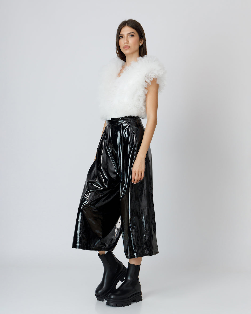 Body Alb Cu Volane Din Tulle Stratificat