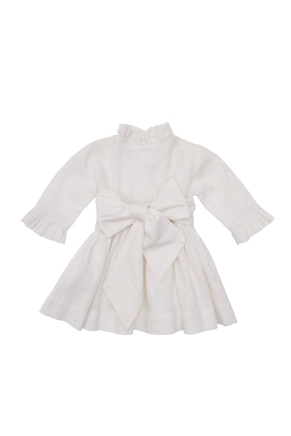 Rochie copii din in alb cu nasturei perluta