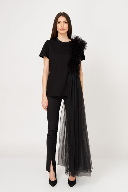 Tricou Oversized Negru Cu Deconstrucție De Tulle