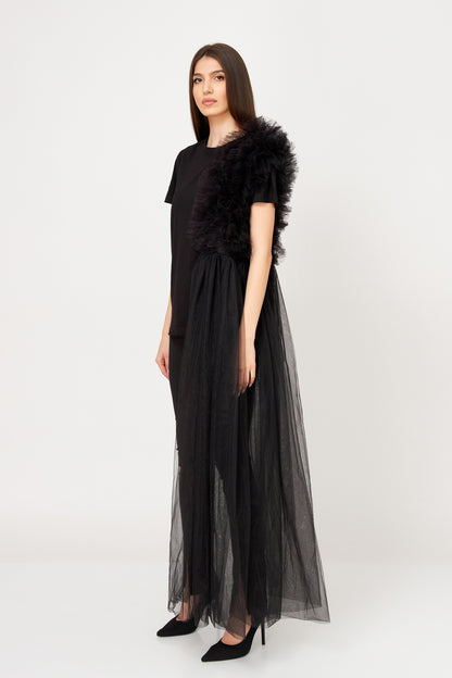 Tricou Oversized Negru Cu Deconstrucție De Tulle