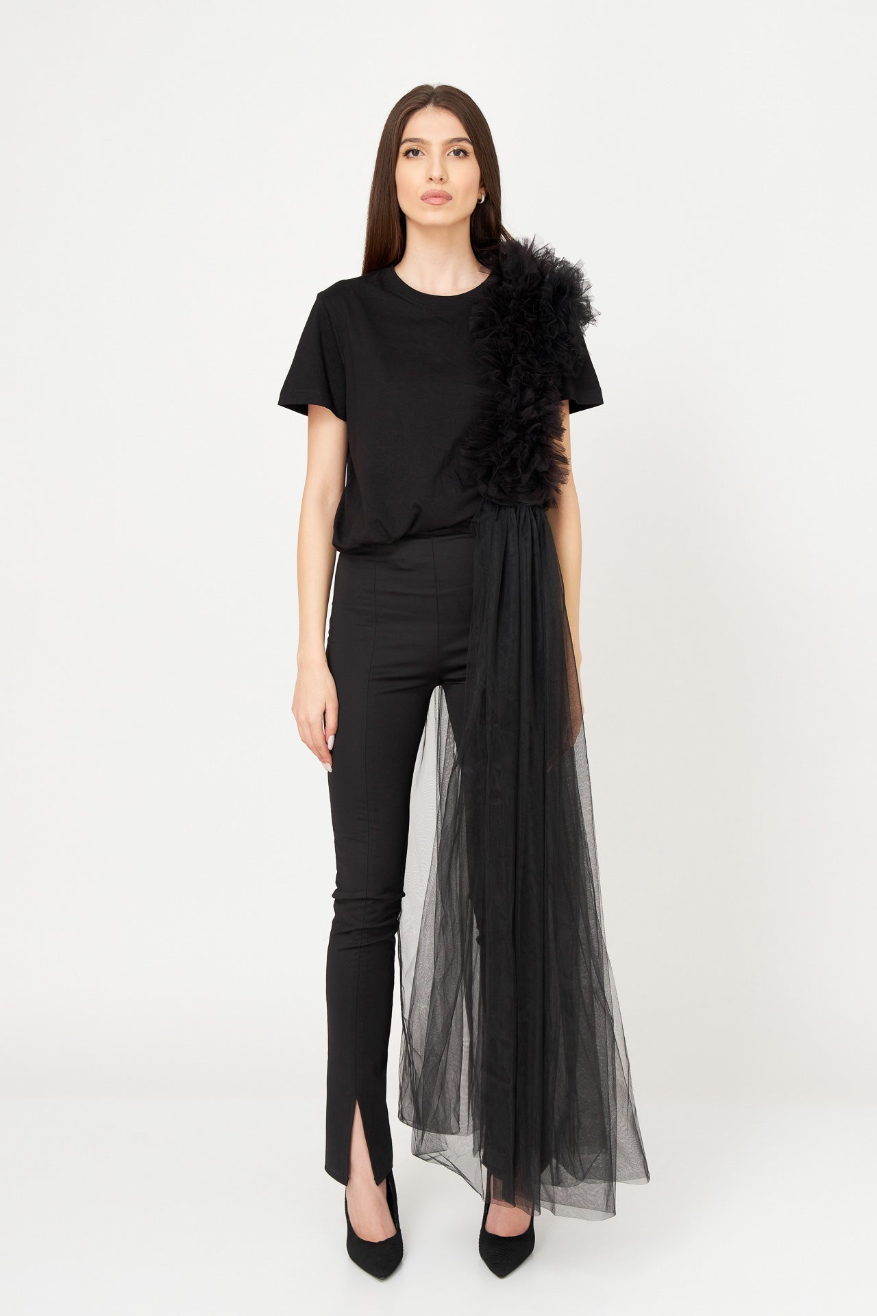 Tricou Oversized Negru Cu Deconstrucție De Tulle