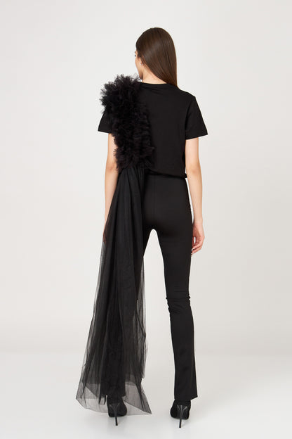 Tricou Oversized Negru Cu Deconstrucție De Tulle