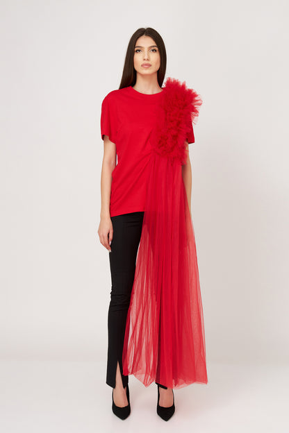 Tricou Oversized Roșu Cu Deconstrucție Din Tulle