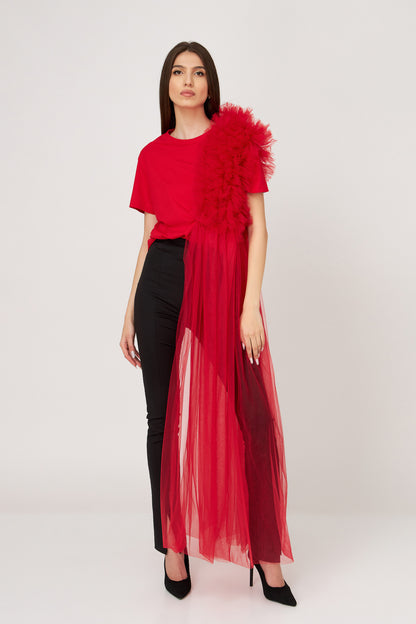 Tricou Oversized Roșu Cu Deconstrucție Din Tulle