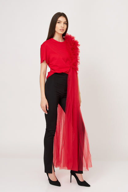 Tricou Oversized Roșu Cu Deconstrucție Din Tulle