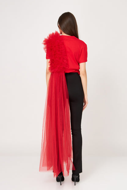 Tricou Oversized Roșu Cu Deconstrucție Din Tulle