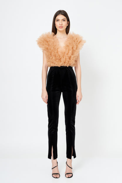 Body Beige Cu Volane Din Tulle Stratificat