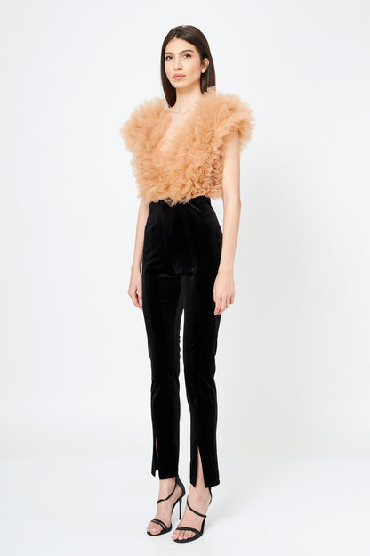 Body Beige Cu Volane Din Tulle Stratificat