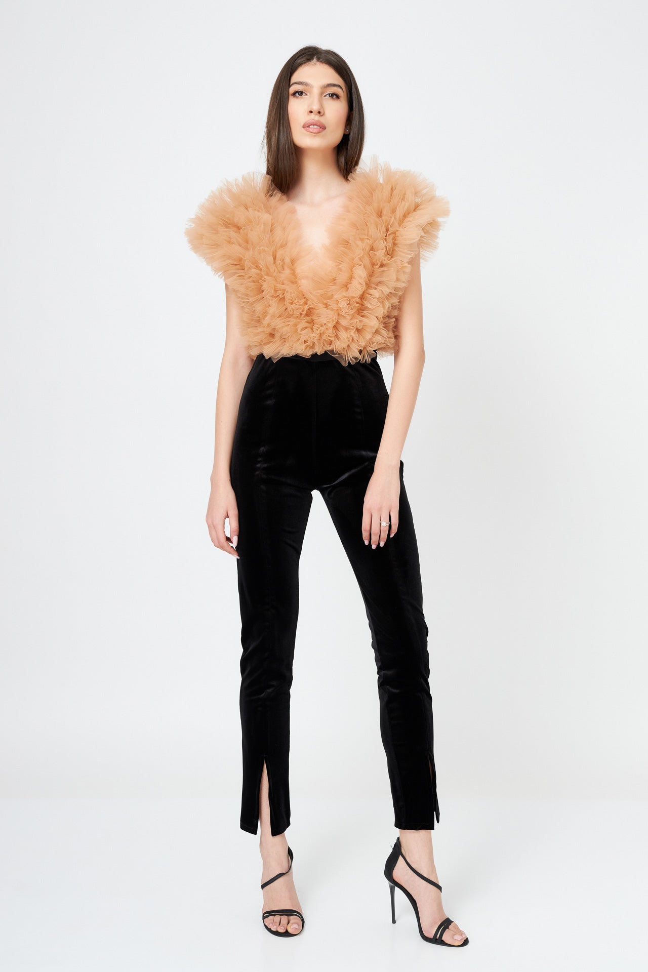 Body Beige Cu Volane Din Tulle Stratificat