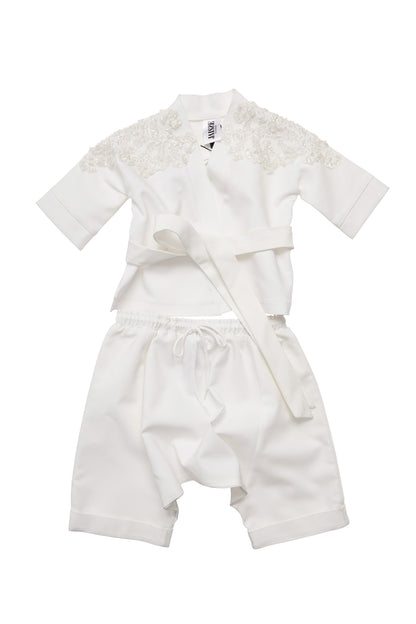 Kimono copii alb din stofa brodat manual