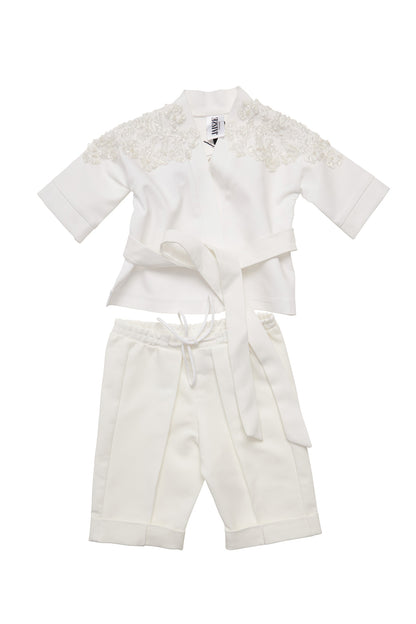 Kimono copii alb din stofa brodat manual