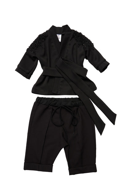 Kimono copii negru din stofa brodat manual