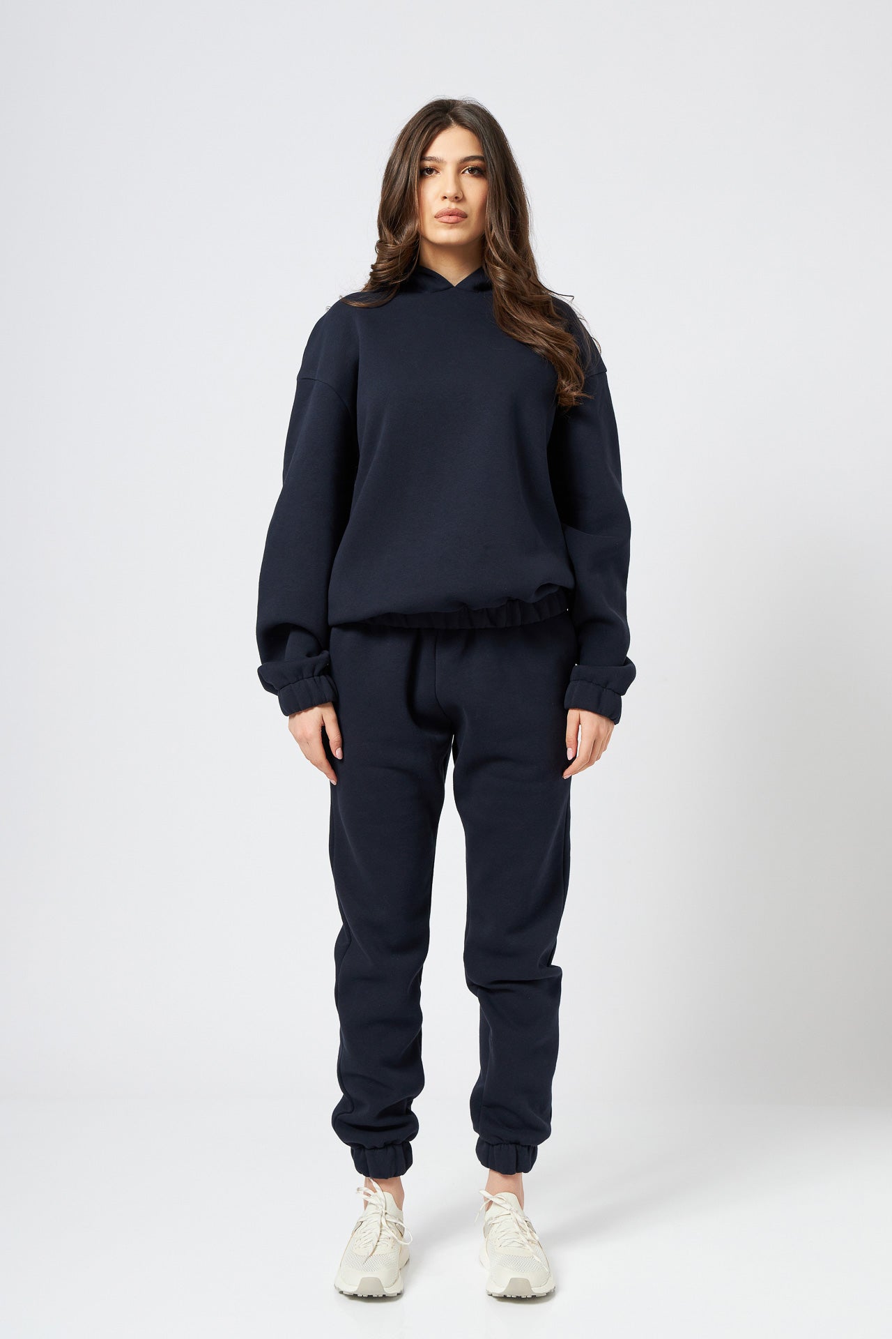 Hanorac dama oversized cu gluga din bumbac bleumarin
