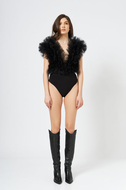 Body Negru Cu Volane Din Tulle Stratificat