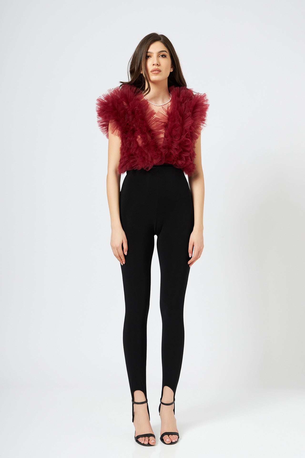 Body Burgundy Cu Volane Din Tulle Stratificat