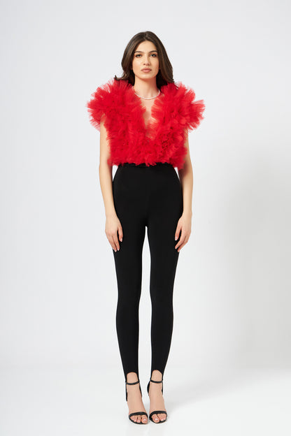 Body Rosu Cu Volane Din Tulle Stratificat