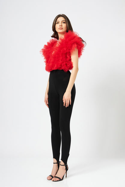 Body Rosu Cu Volane Din Tulle Stratificat