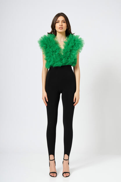 Body Verde Cu Volane Din Tulle Stratificat