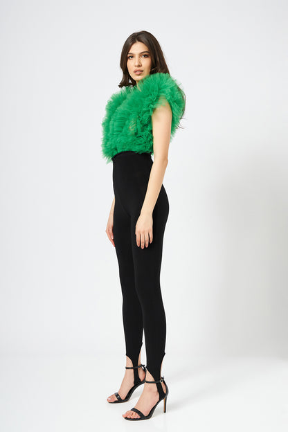 Body Verde Cu Volane Din Tulle Stratificat