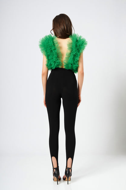 Body Verde Cu Volane Din Tulle Stratificat