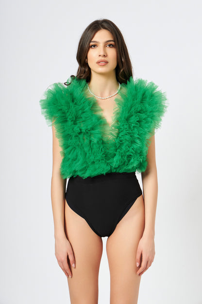 Body Verde Cu Volane Din Tulle Stratificat