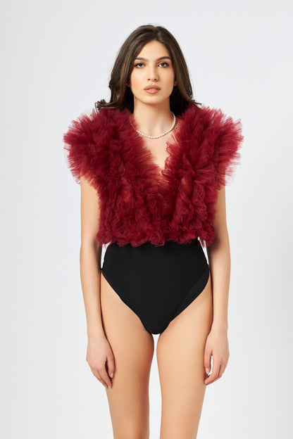Body Burgundy Cu Volane Din Tulle Stratificat