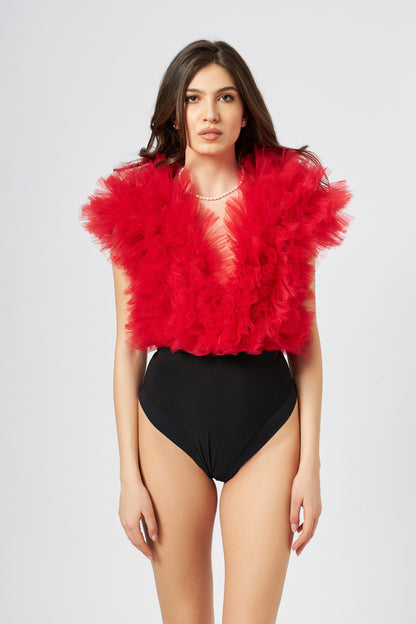Body Rosu Cu Volane Din Tulle Stratificat