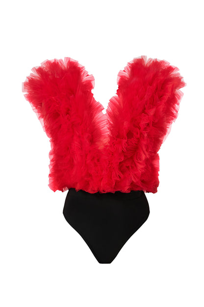 Body Rosu Cu Volane Din Tulle Stratificat