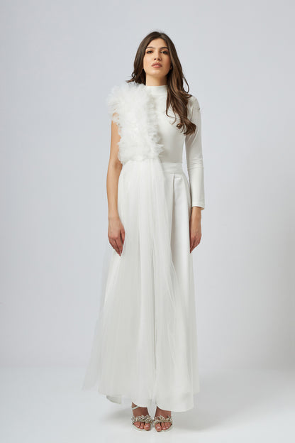 Body Alb Asimetric Cu Detalii Din Tulle