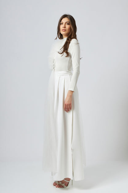 Body Alb Asimetric Cu Detalii Din Tulle