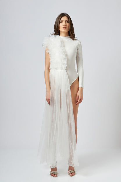 Body Alb Asimetric Cu Detalii Din Tulle