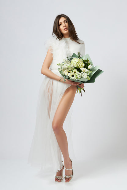 Body Alb Asimetric Cu Detalii Din Tulle