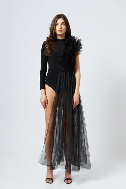 Body Negru Asimetric Cu Detalii Din Tulle