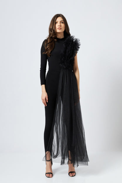 Body Negru Asimetric Cu Detalii Din Tulle