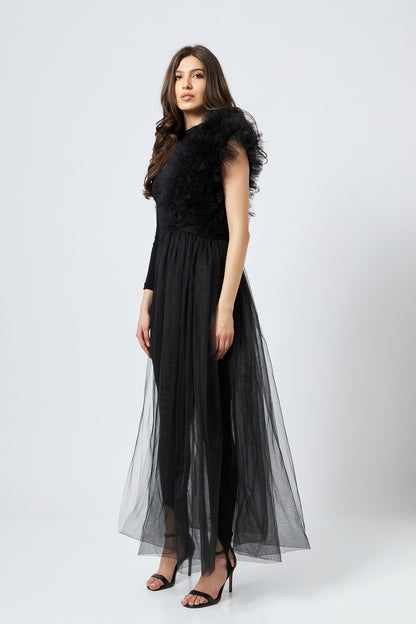 Body Negru Asimetric Cu Detalii Din Tulle