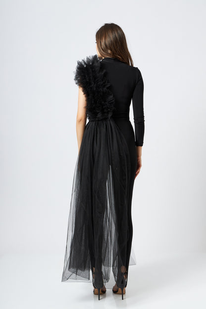 Body Negru Asimetric Cu Detalii Din Tulle