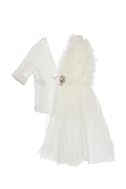 Rochie copii alba lunga tip sacou cu volanase si brosa