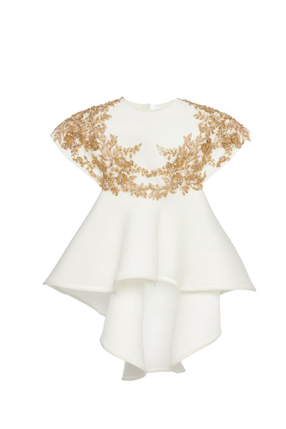 Rochie copii alba brodata manual cu broderie aurie