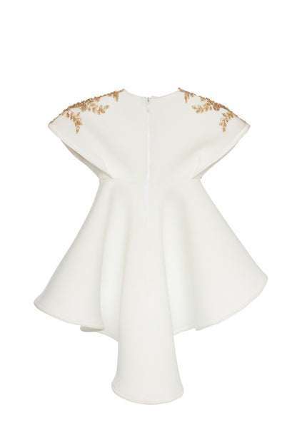 Rochie copii alba brodata manual cu broderie aurie