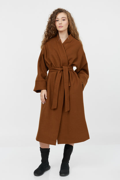 Palton maro tip kimono din amestec de lână