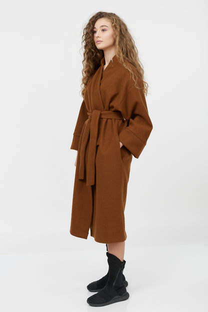 Palton maro tip kimono din amestec de lână